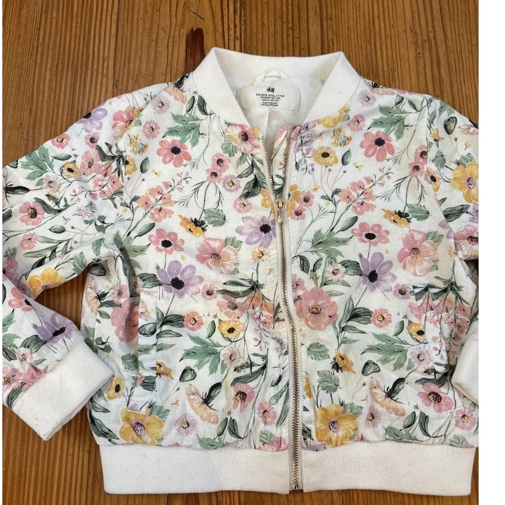 H&M Bomber Jacket Kids White Floral‎ Print Zip Up Lightweight SIZE 5-6Y